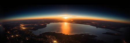 Sunset over the sea. Panoramic view from space.の写真素材