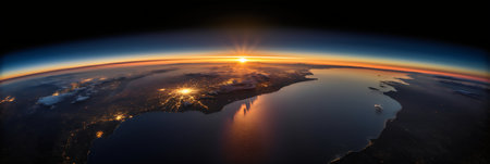 Sunrise over North America. Panoramic view from space.の写真素材