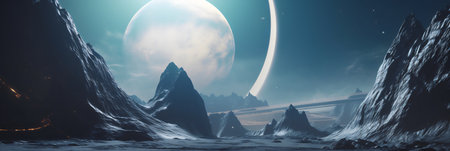 Fantasy alien planet. Mountain and moon. 3D illustration.の写真素材
