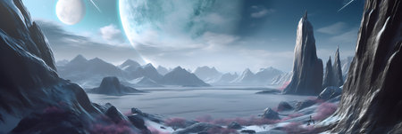 Fantasy alien planet. Mountain and lake. 3D Renderingの写真素材