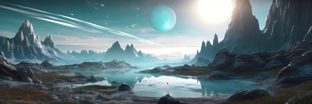 Fantasy alien planet. Mountain and lake. 3D illustration.の写真素材