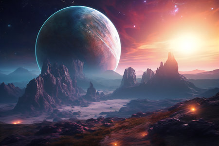 Fantasy alien planet. Mountain and sunset. 3D illustration.の写真素材