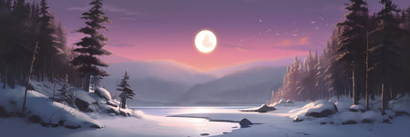 Fantasy winter landscape with frozen lake and forest at sunset. illustrationの写真素材