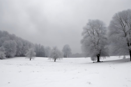 Winter landscape with trees covered with hoarfrost on a cloudy dayの写真素材