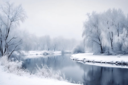 Winter landscape with frozen river and trees covered with hoarfrost.の写真素材