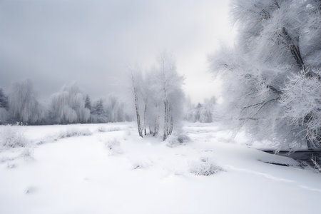 Beautiful winter landscape with trees covered with hoarfrost and snowの写真素材