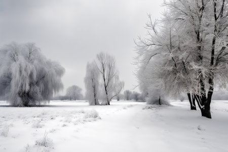 winter landscape of trees covered with hoarfrost on a cloudy dayの写真素材