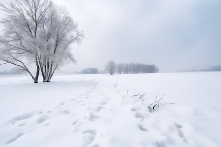 Winter landscape. Frosty trees on the background of snow-covered field.の写真素材