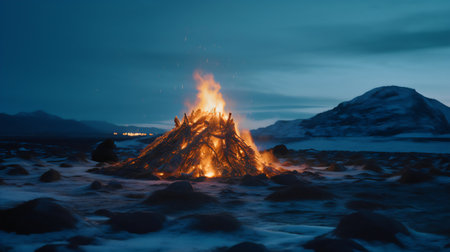 Icelandic mountain landscape with a large bonfire in the foregroundの写真素材