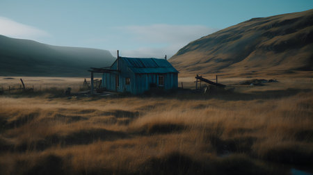 Abandoned house in the middle of the steppe at sunsetの写真素材