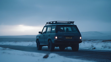 SUV car on the road in winter in Iceland. Retro style.の写真素材