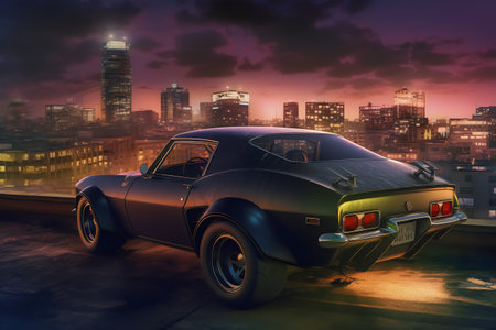 Old car on the background of the night city. 3d renderingの写真素材