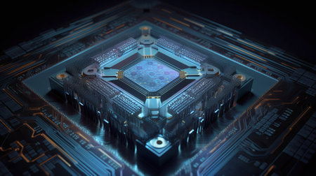 Abstract 3D rendering of the central processing unit on a dark backgroundの写真素材
