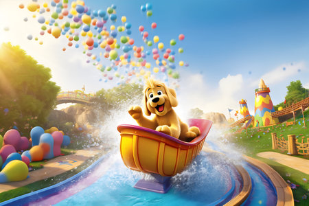 Dog in the pool with balloons, 3d render illustration.の写真素材