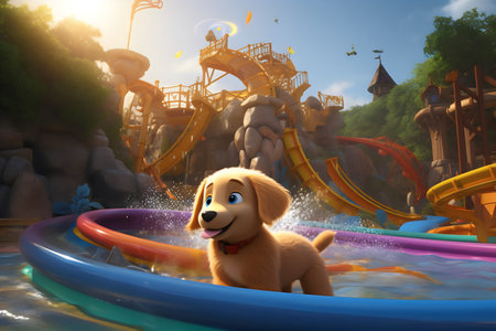 golden retriever puppy in the water park. 3d renderingの写真素材