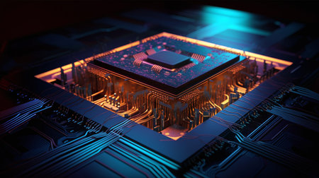 Circuit board. Electronic computer hardware technology. Digital chip motherboard. 3D renderingの写真素材
