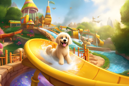 cartoon scene with happy golden retriever puppy in the water park - illustration for childrenの写真素材
