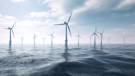 Wind turbines in the sea, 3d render illustration of wind energyの写真素材