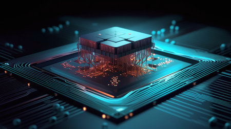 3D rendering of a cpu with circuit board on a dark backgroundの写真素材