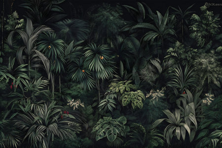 Tropical jungle background with palm trees and monstera leaves.の写真素材
