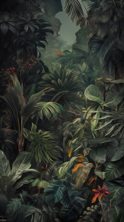 Digital painting of tropical plants and leaves in dark forest. Jungle backgroundの写真素材