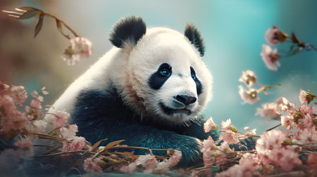 Giant panda bear (Ailuropoda melanoleuca) with cherry blossomの写真素材