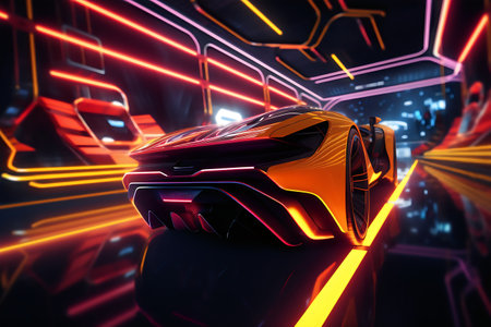 3D rendering of a brand-less generic concept car in neon lightの写真素材