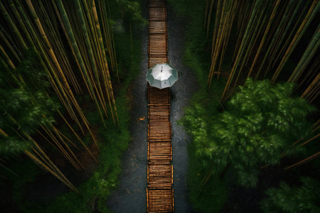 3d rendering of a wooden path leading to a bamboo groveの写真素材