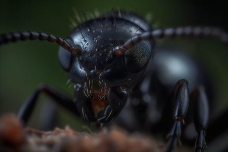 Black ant on a leaf. Macro. Shallow depth of field.の写真素材