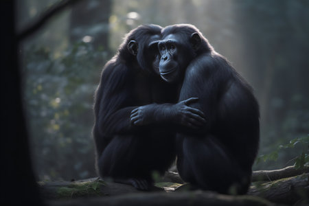 Chimpanzee sitting on a tree trunk in the forest.の写真素材