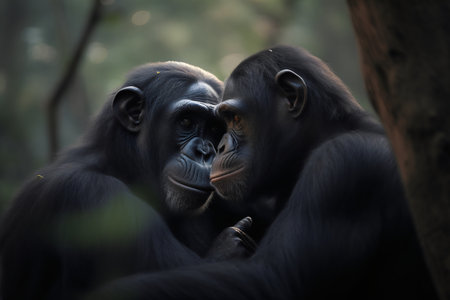 Chimpanzee mother and child in the nature habitat. Wildlife scene from nature.の写真素材