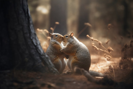 Two squirrels in the autumn forest. Beautiful nature scene with wild animals.の写真素材