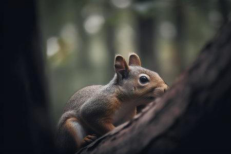 Squirrel sitting on a tree in the forest, close up view.の写真素材