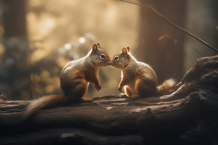 Squirrels in the spring forest. Wildlife scene from nature.の写真素材