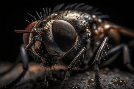Macro of a fly on a black background, extreme closeupの写真素材