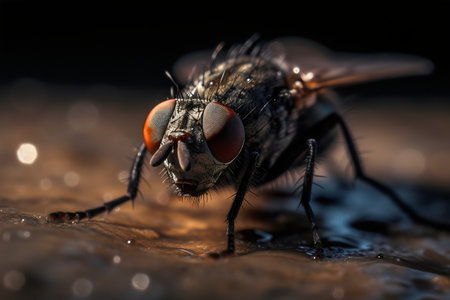 macro shot of a fly on a wooden surface with a black backgroundの写真素材