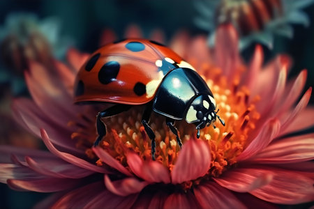 ladybug on a flower macro close up, beautiful photo digital pictureの写真素材