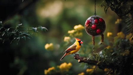 Red-breasted Cardinal bird perched on a tree branch with a bird feeder in the backgroundの写真素材