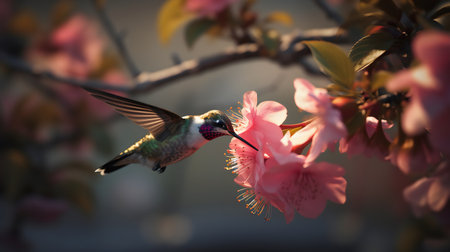 Hummingbird in flight with pink sakura blossom in backgroundの写真素材