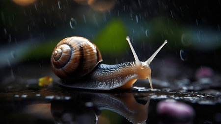 Snail in rain on the wet floor with bokeh backgroundの写真素材