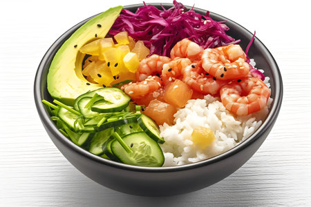 Bowl of poke bowl with shrimps, avocado and cucumberの素材