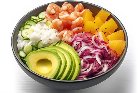 Bowl of poke bowl with shrimps, avocado, cucumber and mangoの素材