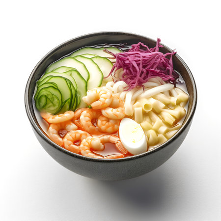 Japanese ramen noodle soup with shrimps, cucumber and radishの素材