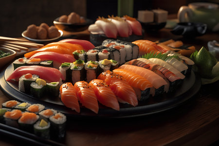 Sushi set on a black plate on a wooden table in a restaurantの素材