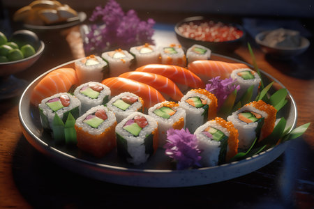Sushi set on a wooden table. Sushi rolls with salmon, shrimp, avocado, cucumber, cream cheese, wasabi and ginger.の素材