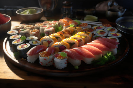 Sushi set on a wooden table in a restaurant. Japanese food.の素材