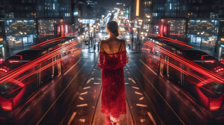 Beautiful young woman in a red dress on the bridge at nightの素材