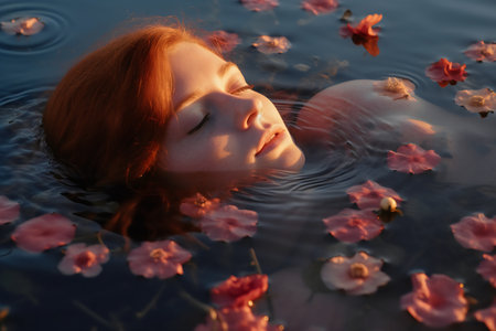 Beautiful young woman lying in water with pink flowers at sunset.の素材