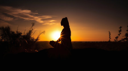 Silhouette of muslim woman praying in the desert at sunsetの素材