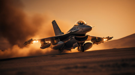Military fighter jet in the desert at sunset. Military aircraft in combat.の素材